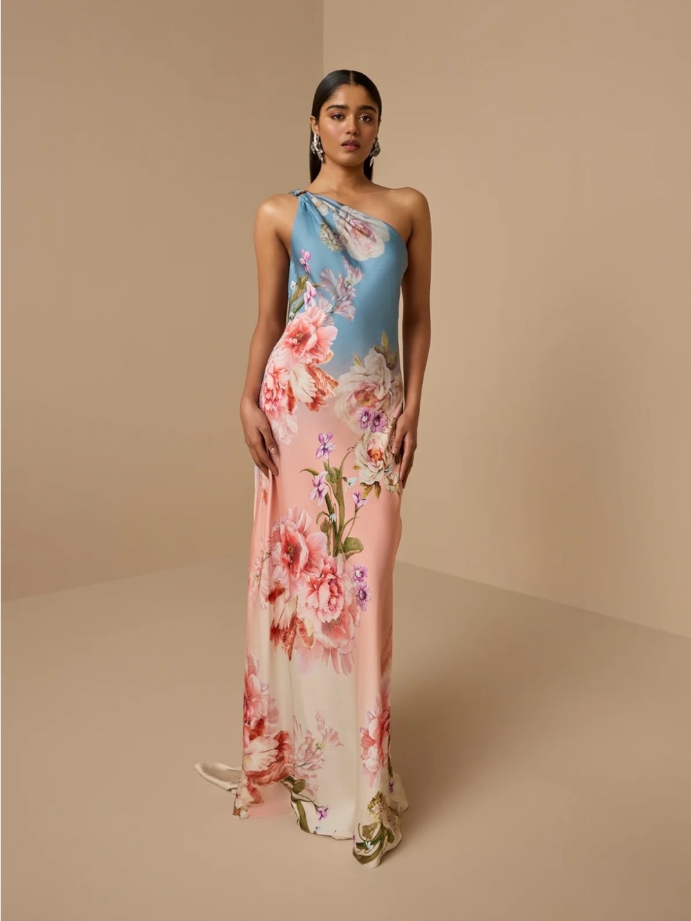 HEMANT & NANDITA One-Shoulder Ombre Floral Gown in Blue and Pink - Picture 1 of 10